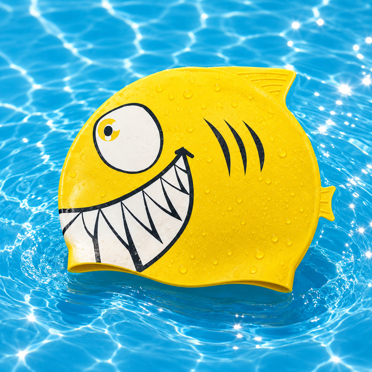 Silicon Swim Cap - Yellow Shark Print